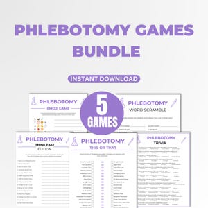 Puede incluir: Un paquete de cinco juegos de flebotomía, que incluyen un juego de emojis, un revuelto de palabras, una edición de pensamiento rápido, esto o aquello y un trivial. El título "Phlebotomy Games Bundle" se muestra en morado.