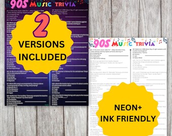90s Music Trivia Game Printable, Retro Song Quiz for 1990s Birthday Party
