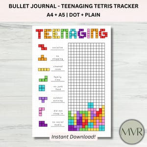 May include: A printable bullet journal page with the title "TEENAGING TETRIS TRACKER." The design features a Tetris-themed tracker with colorful blocks and a grid for daily entries. Includes the text "Instant Download!"