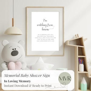 May include: A framed print with the text "I'm watching from heaven" and a message about celebrating and watching over a baby. The print is part of a memorial baby shower sign, ready to print.