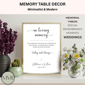 May include: A rectangular gold-framed sign with white background and black text reading: In loving memory, No longer by our side, but forever in our hearts. Loved beyond words. Missed beyond measure. Today and always, Katherine & William, May 15, 202X.