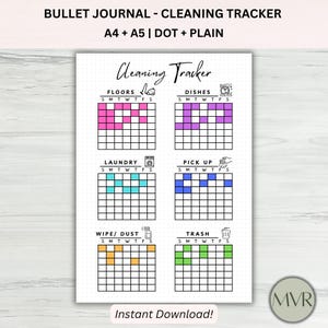 Cleaning Tracker. Cleaning List. A4 and A5 Sizes. Bullet Journal Page. PRINTABLE & DIGITAL Planner Insert. Cleaning List. Chores Tracker.