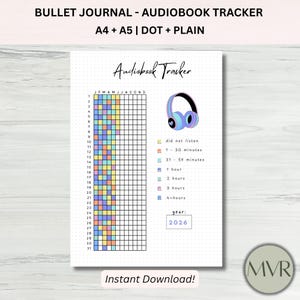 Könnte beinhalten: Eine druckbare Bullet-Journal-Seite zur Verfolgung von Hörbüchern mit einem Raster für Monate und Tage, einer bunten Kopfhörer-Illustration und einer Legende für die Hörzeit. Der Text enthält "Audiobook Tracker", "did not listen", "1 - 30 minutes", "31 - 59 minutes", "1 hour", "2 hours", "3 hours", "4+ hours" und "year: 2026".