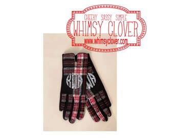 Monogrammed/Personalized Red/Black Tartan Plaid Smart Touch Tech Gloves -- Perfect Gift for Fall, Housewarming, Birthday, Holiday, etc!