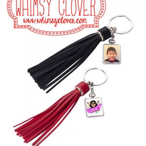 Rectangular Photo Keychain with Leather Tassels in Black or Red -- Gorgeous gifts for Bridesmaids, Birthday, Sorority or Teacher&#39;s Gifts!