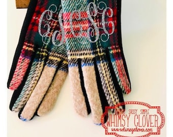 Monogrammed/Personalized Beige Tartan Plaid Smart Touch Tech Gloves -- Perfect Gift for Fall, Housewarming, Birthday, Holiday, etc!