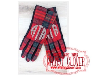 Monogrammed/Personalized Red Tartan Plaid Smart Touch Tech Gloves -- Perfect Gift for Winter/Spring/Fall, Birthday, Holiday, etc!