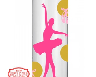 May include: Clear water bottle with a pink lid, featuring a pink ballerina silhouette, ballet shoes, and gold polka dots. The name "Chloe" is printed in gold script. A fun and functional item for ballet enthusiasts.