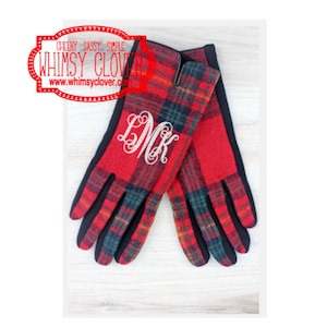 Monogrammed/Personalized Red Tartan Plaid Smart Touch Tech Gloves -- Perfect Gift for Fall, Housewarming, Birthday, Holiday, etc!