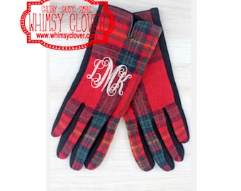 Monogrammed/Personalized Red Tartan Plaid Smart Touch Tech Gloves -- Perfect Gift for Fall, Housewarming, Birthday, Holiday, etc!