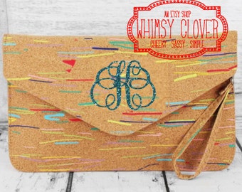 Custom Monogrammed Multi-Colored Cork Envelope Clutch Bag - Perfect for Birthday, Bridesmaids, Valentine's, Beach or Chic Evening Clutch!