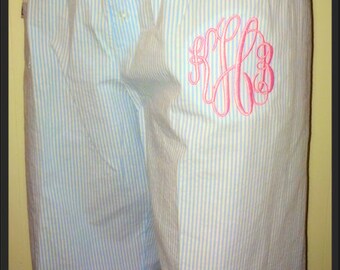 Monogrammed Seersucker Pajama Pants