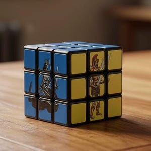 以下が含まれることがあります： 黒いフレーム、青と黄色の正方形、戦士のイラストが描かれたルービックキューブ。木製の表面に置かれています。イラストは詳細で、古典的なパズルにユニークなデザインを追加しています。