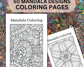 May include: Two coloring books with intricate mandala designs are displayed. The cover of the first book reads "Mandala Coloring" and features a detailed floral pattern. The second book also says "Mandala Coloring" and shows a different floral design. The background reads "HIHG QUALITY 50 MANDALA DESIGNS COLORING PAGES."