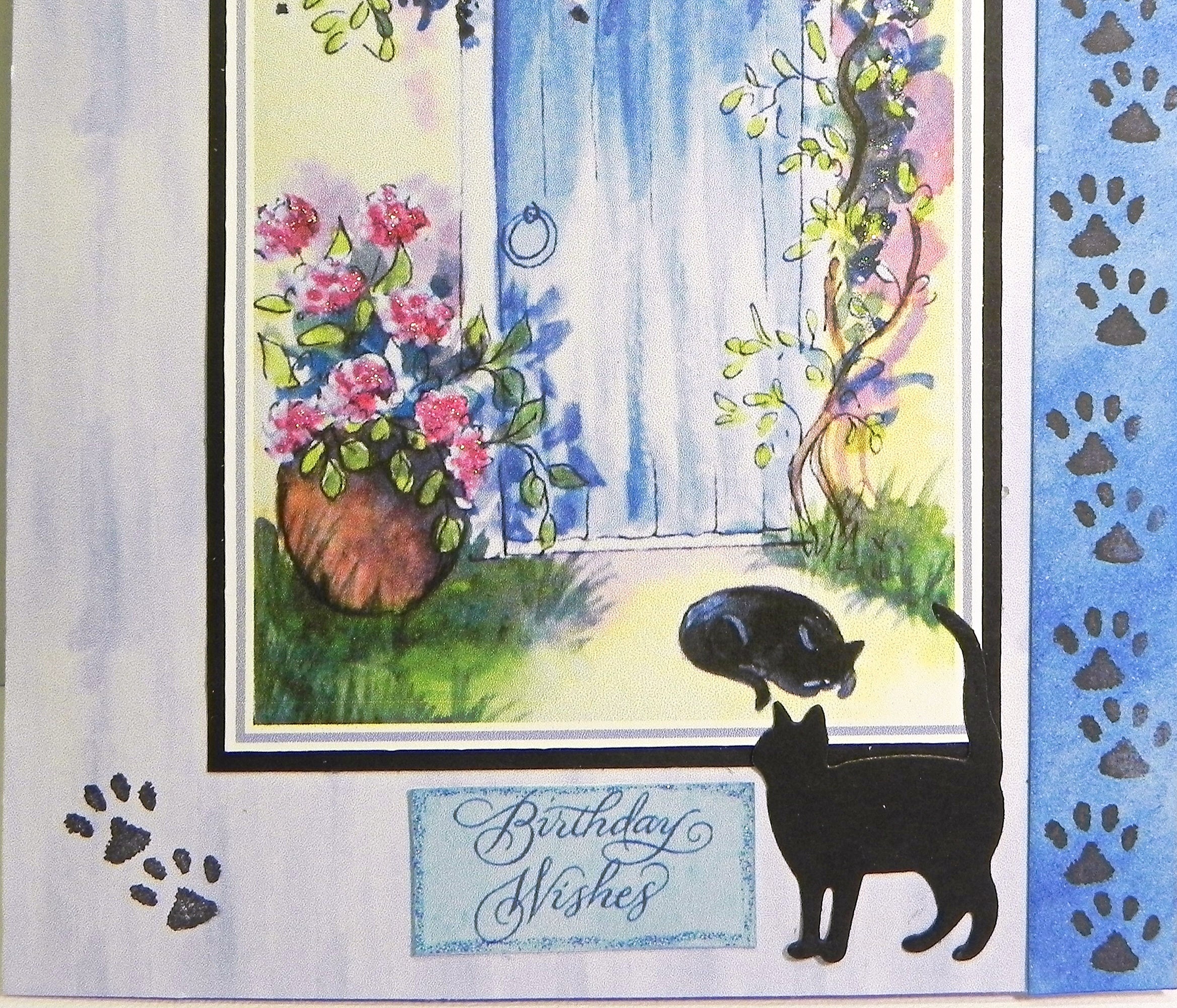 Pretty Garden Cat Card • Intricate Die Cut • Blue Floral Scene • 5.5 X ...