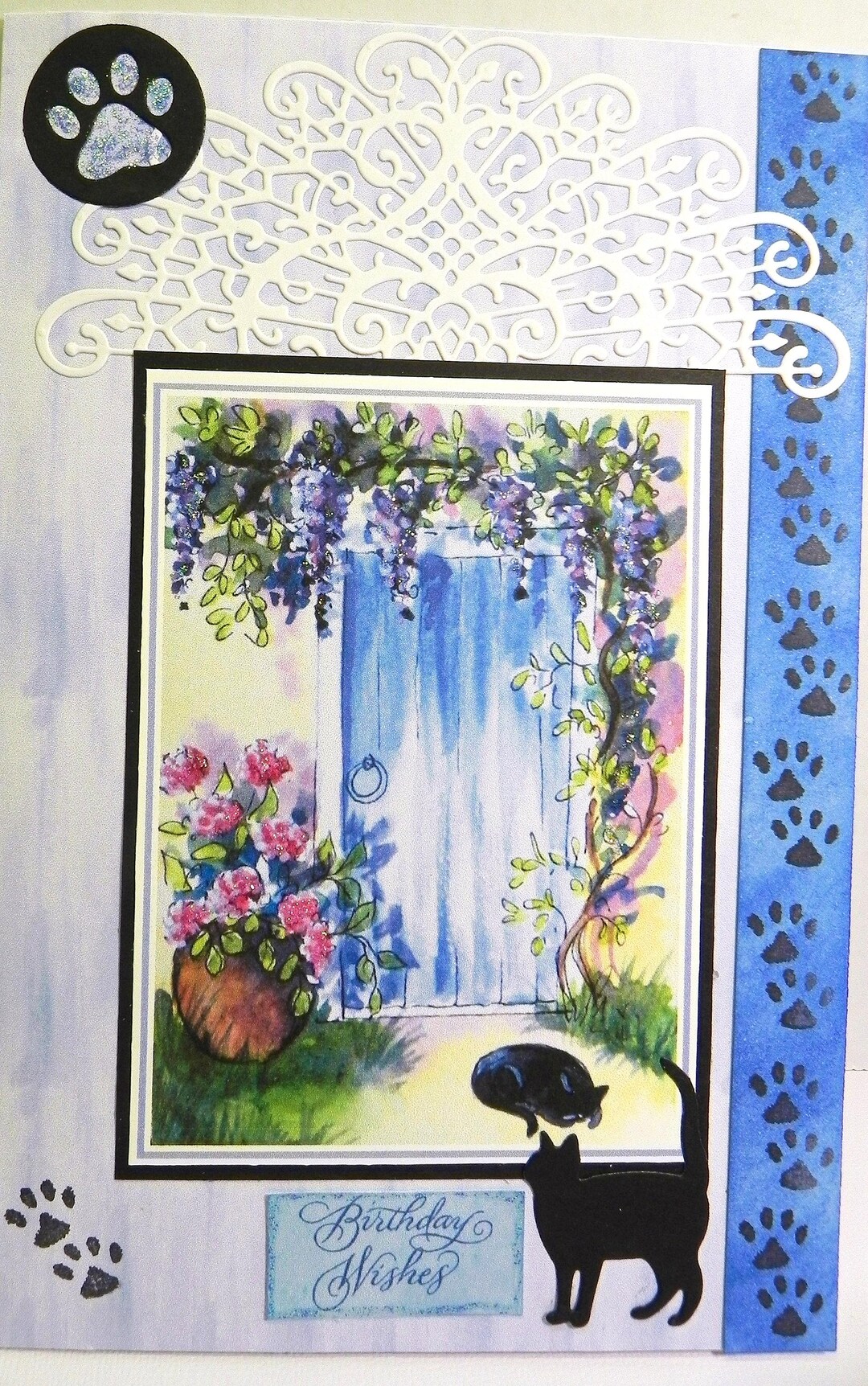 Pretty Garden Cat Card • Intricate Die Cut • Blue Floral Scene • 5.5 X ...