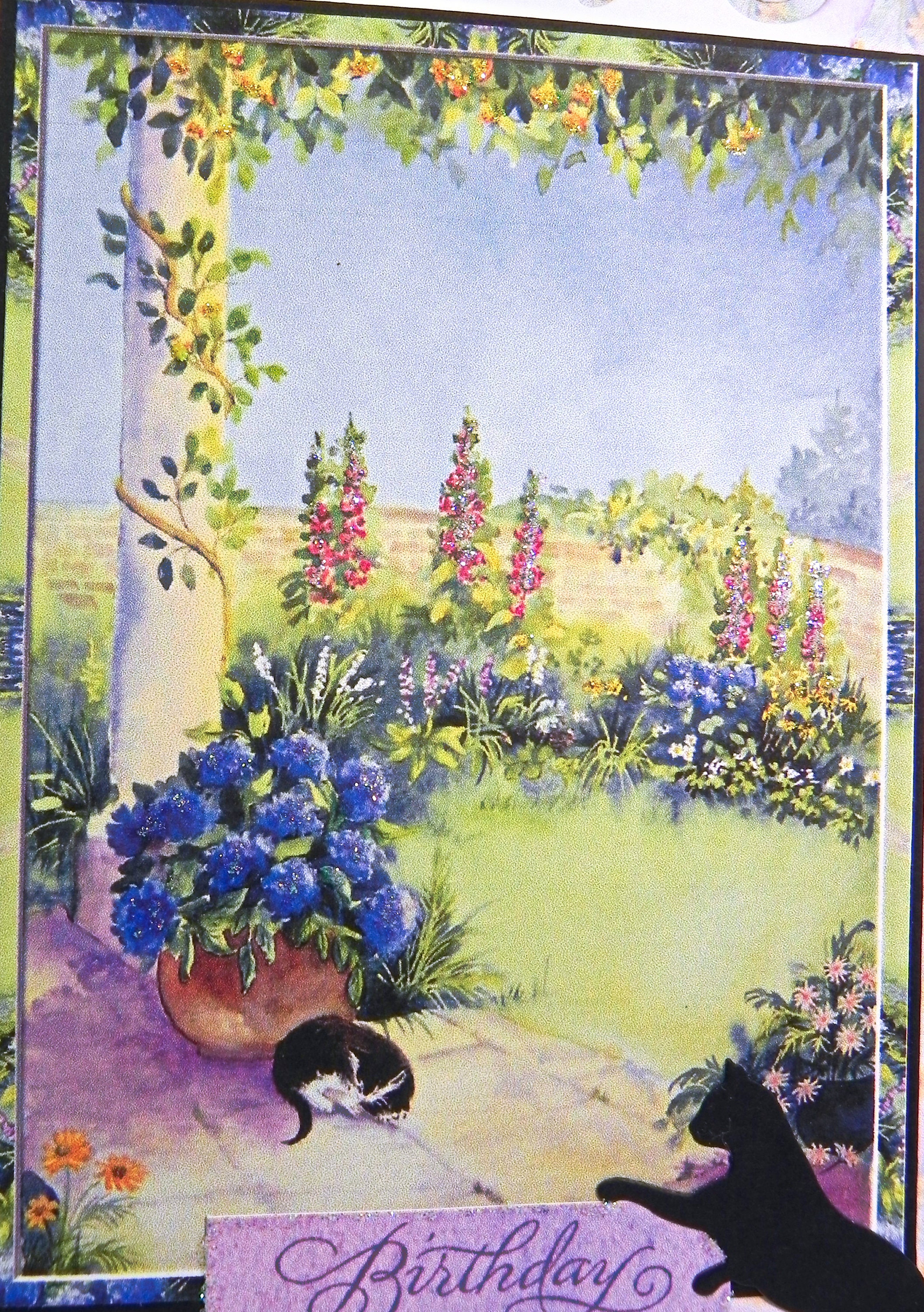 Cat in the Garden Birthday Card • Heartfelt Die Cut • Glitter Accents ...