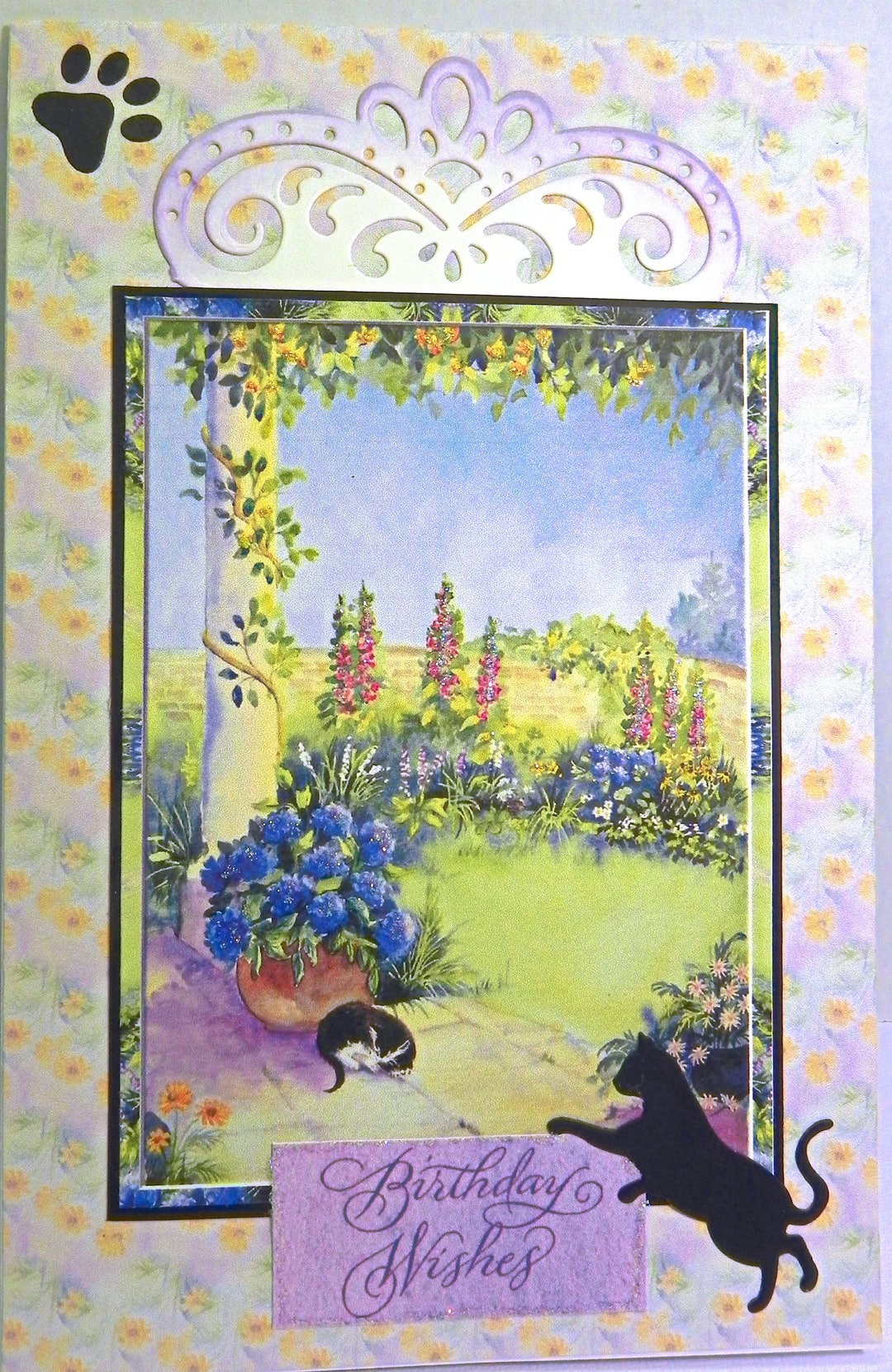 Cat in the Garden Birthday Card • Heartfelt Die Cut • Glitter Accents ...