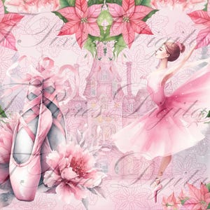 May include: A watercolor painting of a ballerina in a pink tutu, dancing in front of a pink castle. The ballerina is surrounded by pink flowers and poinsettia.