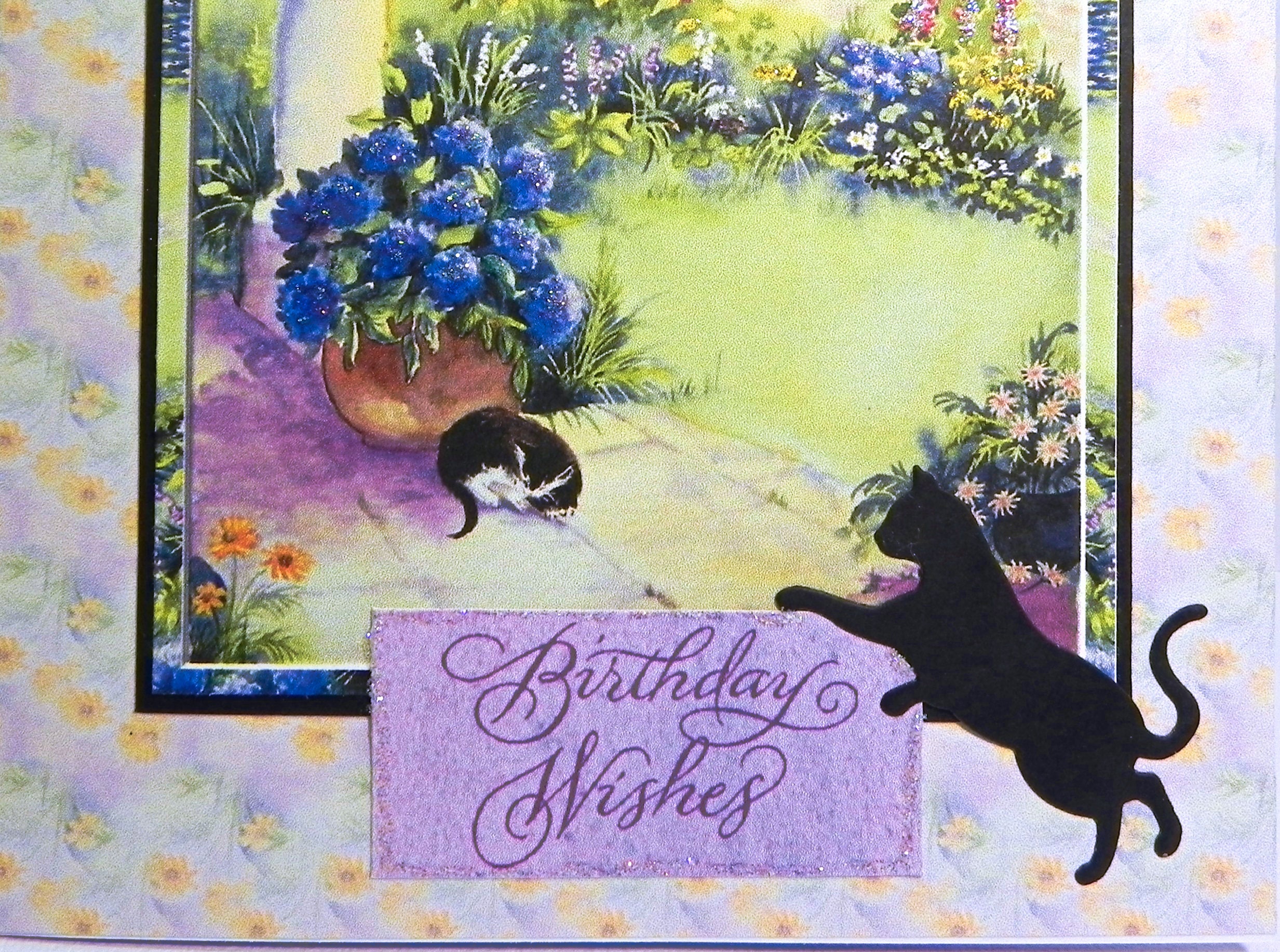 Cat in the Garden Birthday Card • Heartfelt Die Cut • Glitter Accents ...