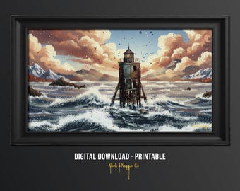 Lighthouse Wall Art Print – Dramatic Coastal Seascape Painting, Nautical Ocean Home Decor, Rustic Beach House Digital Download