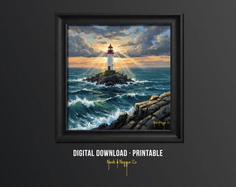 Moody Lighthouse Seascape Art – Coastal Ocean Waves Print, Nautical Wall Decor, Beach House Printable