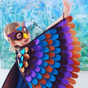 Owl Costume, Wings and Mask, Purple, Aqua and Brown, Owl Gift, Best Kids Gift, Waldorf Toy, Eco-Friendly kids toy, image 1