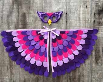 Owl Costume// Purple and Pink //  Wings and Mask // Many Sizes // Soft and Washable //Owl Gift // Tree + Vine