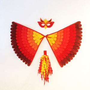 Phoenix Costume Set, 3 piece / Felt mask, flappable wings and fiery tail / Fly like a Phoenix / kids phoenix costume / adult bird costume