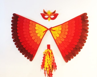 Phoenix Costume Set, 3 piece / Felt mask, flappable wings and fiery tail / Fly like a Phoenix / kids phoenix costume / adult bird costume