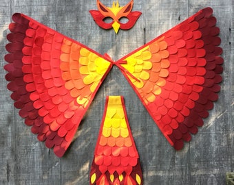 Phoenix Costume Set, 3 piece/ Felt mask, flappable wings and blazing bird tail / Endless flying adventures / kid to adult sizes /Tree + Vine