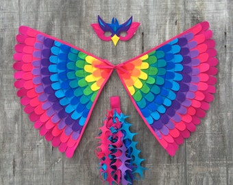 Magical Rainbow Bird / Rainbow Phoenix; wings, mask and tail / fun flying adventures / Tree + Vine