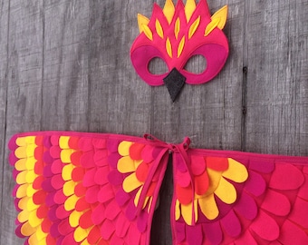Yellow and Pink Parrot Costume / Mask and fun flappable wings / kids parrot costume / adult parrot costume / bird costume / Halloween wings