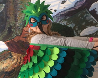 Hummingbird Costume/ Wings and Eye Mask Disguise/ Soft flappable felt wings/ Made from recycled bottles/ Colorful Bird Costume/ USA handmade