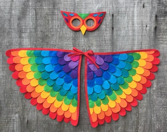 Rainbow Owl Costume Set / Wings and Mask / Vibrant rainbow colors / Rainbow wings / Cosplay owl costume / Halloween costume / Owl costume