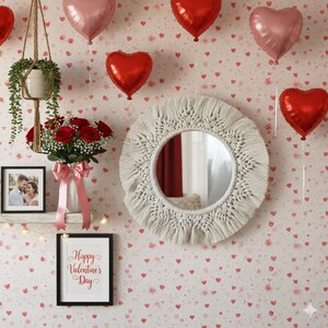 Könnte beinhalten: Eine Valentinstagsdekoration mit einem Makramee-Spiegel, herzförmigen Luftballons und einem gerahmten Foto. Eine Vase mit roten Rosen mit einer rosa Schleife steht auf einem Regal mit einem gerahmten Schild mit der Aufschrift "Happy Valentine's Day."