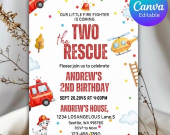 Brandweerwagen 2e verjaardagsuitnodiging, Two the Rescue, bewerkbare canva-sjabloon (digitale download)