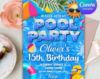 Bewerkbare sjabloon voor verjaardagsuitnodiging voor meisjes Pool Party Pool Party verjaardagsfeestje uitnodiging meisjes tiener verjaardag uitnodigen digitale download