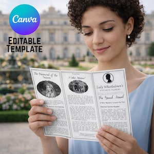 May include: A woman holding a tri-fold brochure with the text "Lady Whistledown's Society Papers" and "The Grand Arrival". The brochure has a vintage design with illustrations and text. The Canva logo and "Editable Template" are in the upper left.