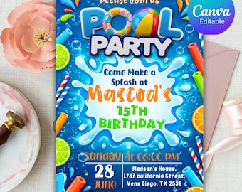 Bewerkbare sjabloon voor verjaardagsuitnodiging voor meisjes Pool Party Pool Party verjaardagsfeestje uitnodiging meisjes tiener verjaardag uitnodigen digitale download
