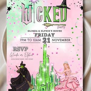 Wicked Geburtstagseinladung, bearbeitbare Hexenthemen-Party einladen, Canva-Vorlage, Film inspiriert (digitaler Download)