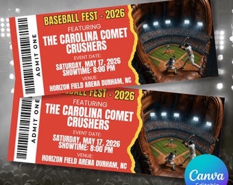 Afdrukbare tickets Banana Baseball Fest 2026 | Gepersonaliseerde ticket voor sportevenement | Aangepaste uitnodiging voor game-avond | Digitale download