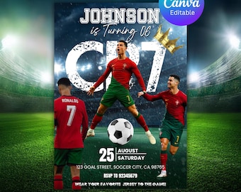 Cristiano Ronaldo verjaardagsuitnodiging, voetbalfeest, bewerkbare canvassjabloon (5 x 7) (digitale download)