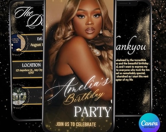 Luxe zwart en goud verjaardagsuitnodiging, verjaardag videosjabloon uitnodigen, vrouwen verjaardagsfeestje diner digitale Evite, DIY in canvas