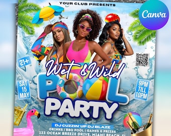 Uitnodigingsflyer zwembadfeest, flyer nat en wild zomerfeest, uitnodiging dj-feestje, clubflyer, evenementenflyer, urban partyflyer, bewerkbaar canvas