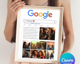 Bewerkbare sjabloon voor fotocollage van Google Zoeken | Afdrukbare muurkunst therapeut waardering | Digitale Canva-downloadposter A3