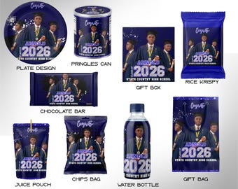 Blauwe afstudeerfeestbedankje canva sjabloonbundel | 11 bewerkbare sjablonen | Chipzakje, sapzakje, snoepverpakking, cadeauzakje