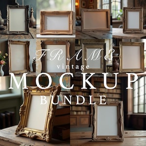 May include: A collection of vintage picture frames in various gold and brown tones. The frames have ornate details and are arranged on wooden surfaces. Text on the image reads "FRAME & vintage MOCKUP BUNDLE."