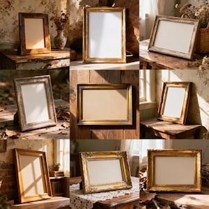 May include: A collection of antique picture frames with various ornate designs and finishes. The frames are in different styles, including gold, wood, and distressed finishes. Each frame holds a blank, off-white or beige insert, ready for a photo or artwork.