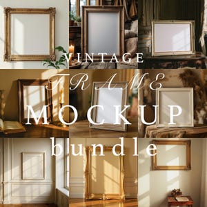 May include: A collection of vintage frame mockups in various styles and sizes. The frames are displayed in different settings, showcasing their design and potential uses. The image includes text that reads "VINTAGE FRAME MOCKUP bundle".